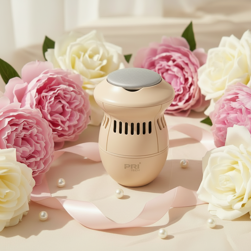 Appareil PiedsDoux Pro élégant entouré de roses pour un soin des pieds luxueux.