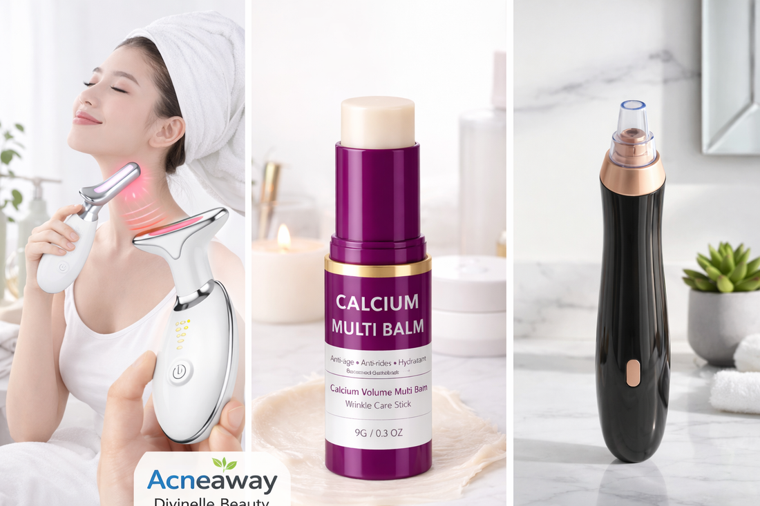 Routine complète soin visage avec AcnéAway, appareil lifting et baume multi calcium pour une peau nette au Canada
