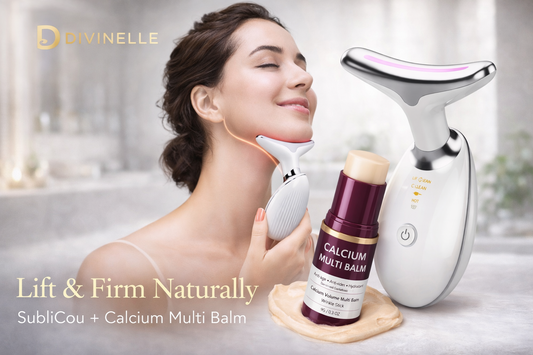 Routine anti-âge Divinelle Beauty : Appareil SubliCou et Calcium Multi Balm pour raffermir le visage