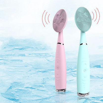 Brosse visage sonique étanche IPX7 rose et bleue Divinelle Beauty utilisable sous la douche.