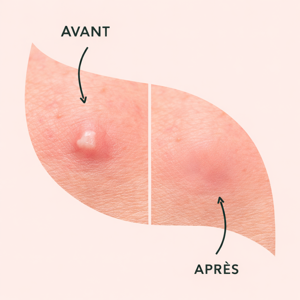 Comparaison avant et après l'application du patch AcnéClear sur une imperfection.
