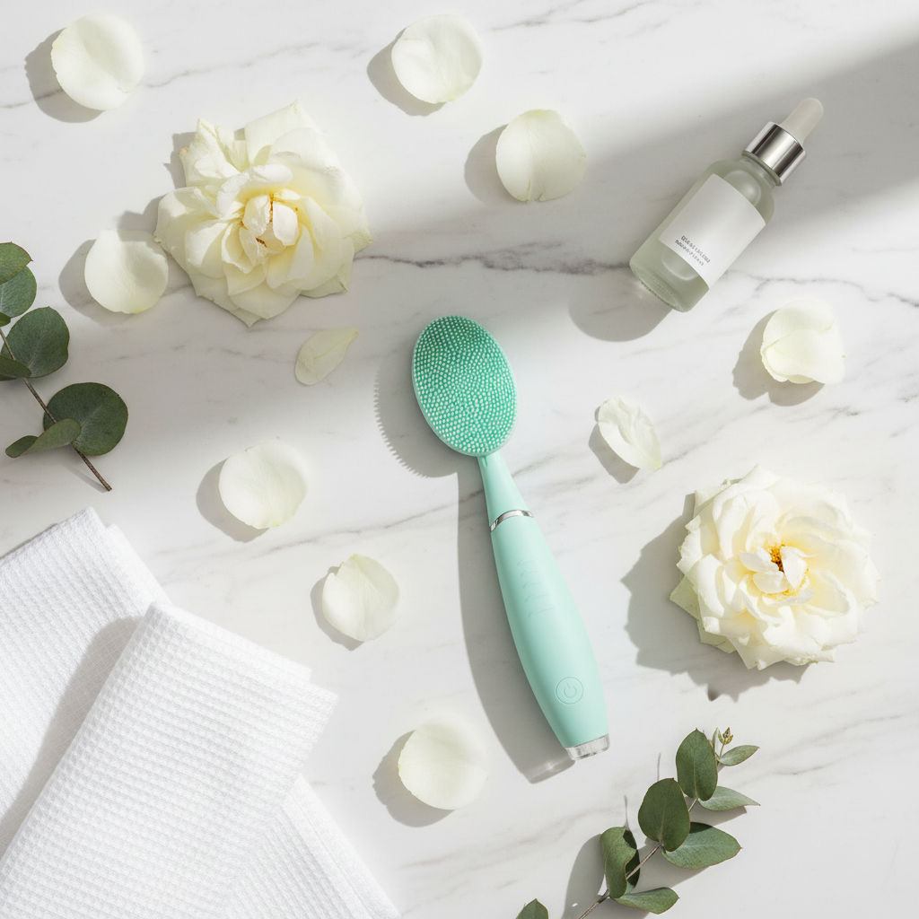 Brosse nettoyante visage en silicone vert menthe dans un décor de spa luxueux