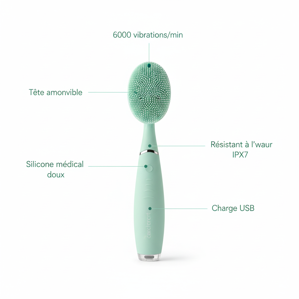 Schéma technique de la brosse nettoyante visage montrant le chargement USB et les niveaux d'intensité.