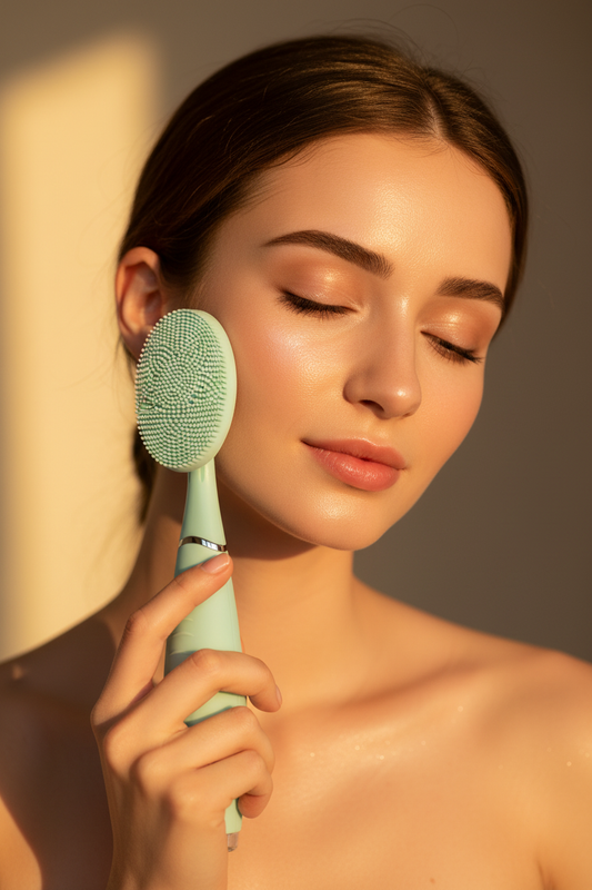 Femme utilisant la brosse nettoyante visage sonique Divinelle Beauty pour un teint éclatant.